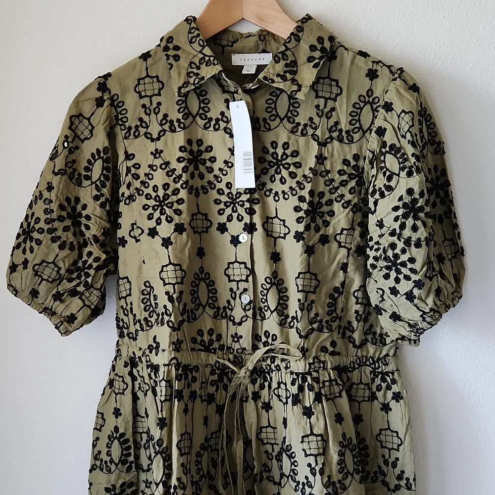 TOPSHOP green and black embroidered eyelet dress Sz 6 NWT 100% Cotton Boho - Picture 6 of 12